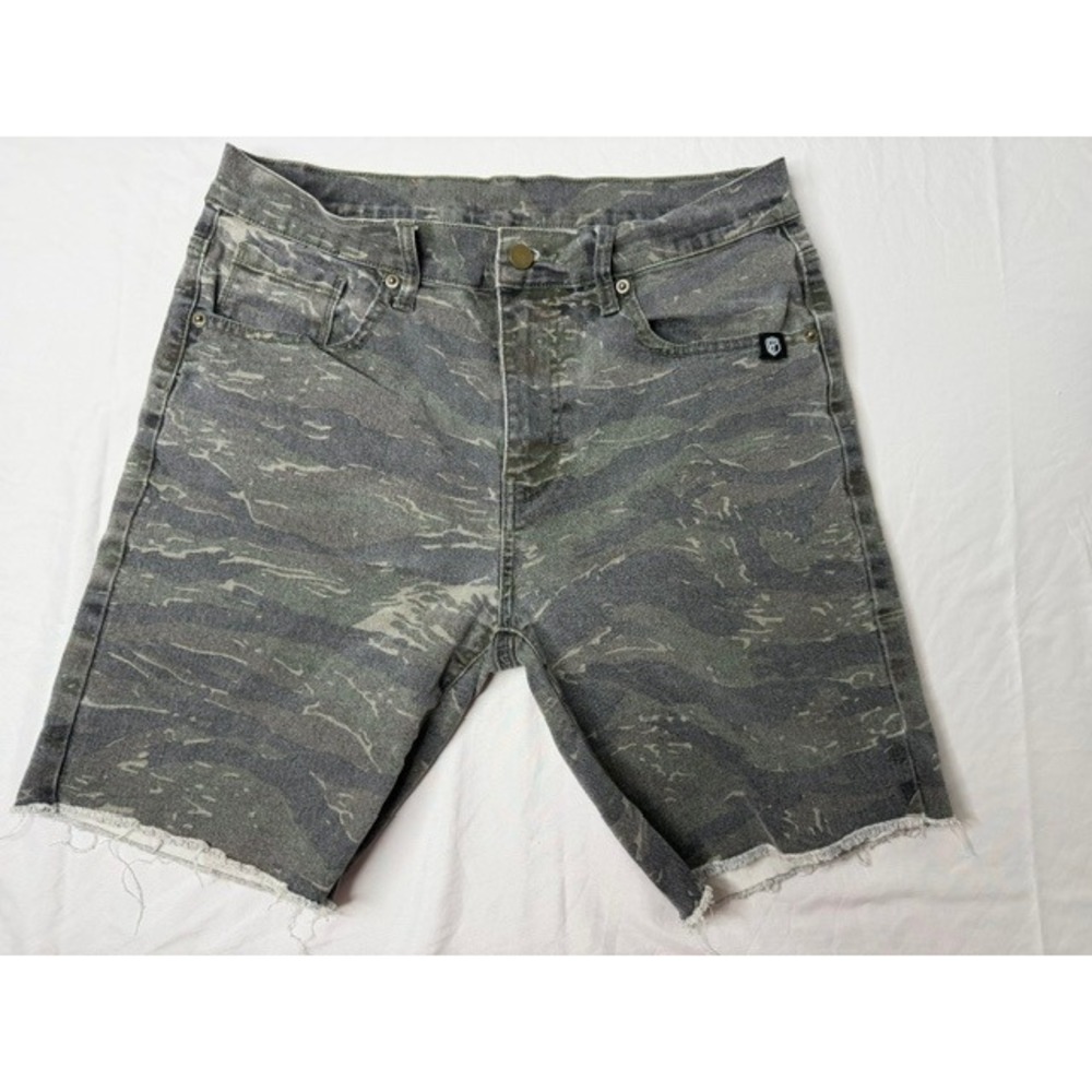 Born Primitive Mens Tiger Stripe Camo Denim Cut Off Shorts Green Grey Size L